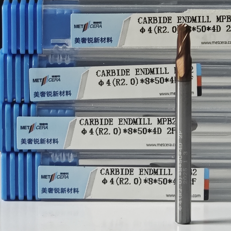 Solid Carbide Ball Nose End Mill 2 Flute R0.5-10 4mm Φ4.0 R2.0 x8x4Dx50mm với độ cứng HRC55-60