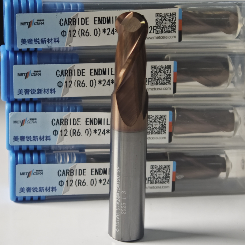 Solid Carbide Ball Nose End Mill 2 Flute R0.5-10 12mm Φ12.0 R6.0 X24x12Dx75mm Độ cứng HRC55-60 Lớp phủ AlCr Để hoàn thiện