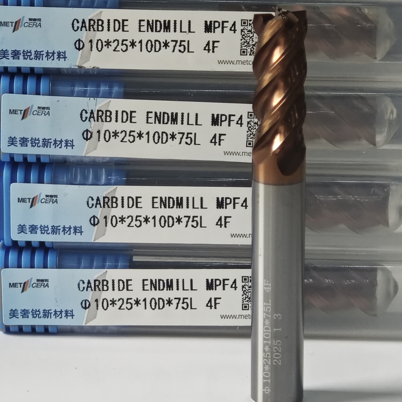MPF4 Univeral 4 Flute Flat End Mill 10mm Φ10x25x10Dx75mm để cắt thép hợp kim carbon thấp trong độ cứng HRC55-60